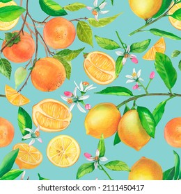 Beautiful Seamless Pattern. Watercolor Citrus Hand Drawn Illustration. Persimmon Tree Branch Orange Lemon Fruits.