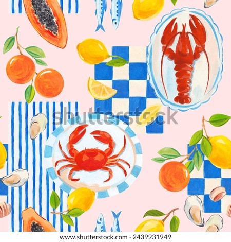 Beautiful seamless Summer Vacation Seamless pattern. Greek pattern with sardines, lemon, oysters, mussels, papaya, lobster and crab. Mediterranean bright print. Greek style.