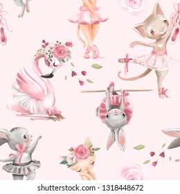 Beautiful, seamless, tileable pattern with watercolor ballerinas animals - bunny, kitten, cat and flamingo bird, ballet girls and pink rose blossoms, flowers