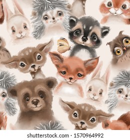 Beautiful seamless, tileable, watercolor pattern with woodland animals - deer, bunny, hedgehog, bear, owl and fox
