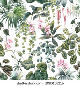 Beautiful Seamless Tropical Floral Pattern With Hand Drawn Watercolor Exotic Jungle Flowers. Stock Illustration.