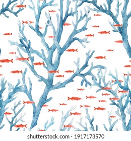 Beautiful Seamless Underwater Pattern With Watercolor Sea Life Blue Corals And Red Fish. Stock Illustration.