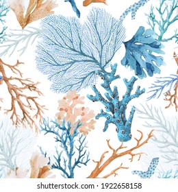 Beautiful Seamless Underwater Pattern With Watercolor Sea Life Colorful Corals. Stock Illustration.