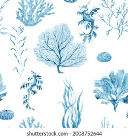 Beautiful seamless underwater pattern with watercolor sea life coral shell and starfish. Stock illustration.