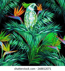 Beautiful seamless vintage floral jungle pattern background. Parrots, tropical flowers, palm leaves and plants, bird of paradise flower, exotic print