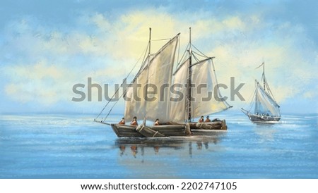 Beautiful seascape. Old fishing boats at sea, fishermen are fishing. Digital oil painting, classic painting in vibrant colors, sailing boat in the sea. Fine art, artwork.