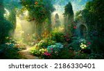 A beautiful secret fairytale garden with flower arches and colorful greenery. Digital Painting Background, Illustration.