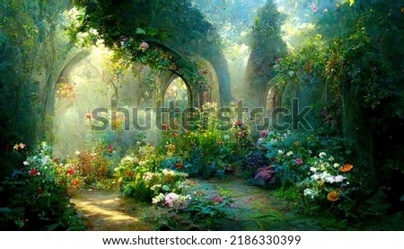 A beautiful secret fairytale garden with flower arches and colorful greenery. Digital Painting Background, Illustration. [[stock_photo]] © 