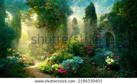 A beautiful secret fairytale garden with flower arches and colorful greenery. Digital Painting Background, Illustration. [[stock_photo]] © 
