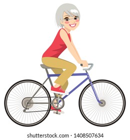 Beautiful Senior Woman Riding Bicycle Happy Side Profile View