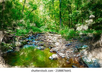 Beautiful Serene Nature Scene With A Calm Stream With Stones Reflecting Green Trees And Blue Sky In A Soft Abstract Watercolor Effect In Dappled Light With Positive Emotion, No People, And Copy Space