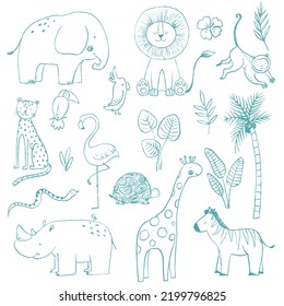 Beautiful Set For Babies With Cute Hand Drawn Safari Elephant Lion Giraffe Toucan Zebra Monkey Flamingo Rhino Parrot Snake Jaguar Animals. Stock Clip Art Illustration.