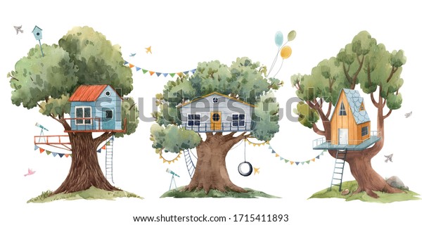 かわいい水彩の子どもたち3軒の家を持つ美しいセット ストックイラスト のイラスト素材