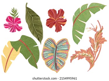 Beautiful Set Of Tropical Embroidery Leaves And Flowers Colorful Stitches Palm Leaves Hibiscus Abstract Botanical Gouache Drawing