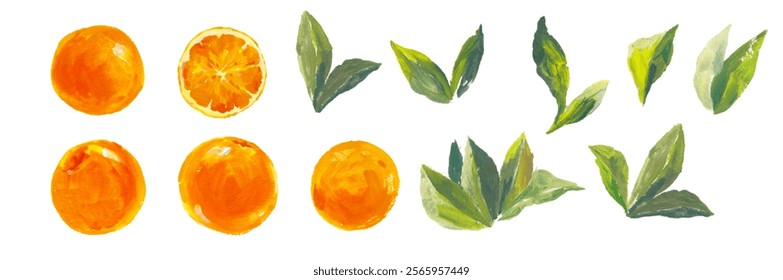 Beautiful set with watercolor fresh oranges with leaves and flowers in sunny Mediterranean style. Ready clip art for your design.