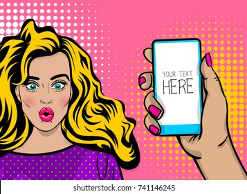 Beautiful Sexy Girl Long Blonde Hair, Surprised Wow Face In Style Pop Art Hold Smart Phone Mock Up Display. Comic Book Retro Halftone Background. Popart Woman Illustration. Comic Text Speech Bubble.