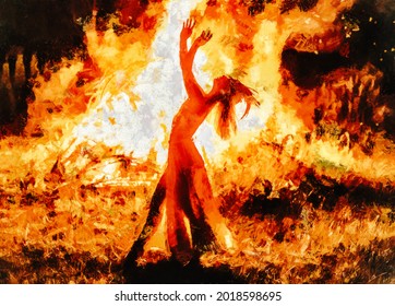 beautiful shamanic woman dancing by the fire. Painting effect.