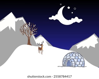 A beautiful snow mountains dark blue night sky stars and moon leafless tree with snow deer igloo snow banner illustration. - Powered by Shutterstock