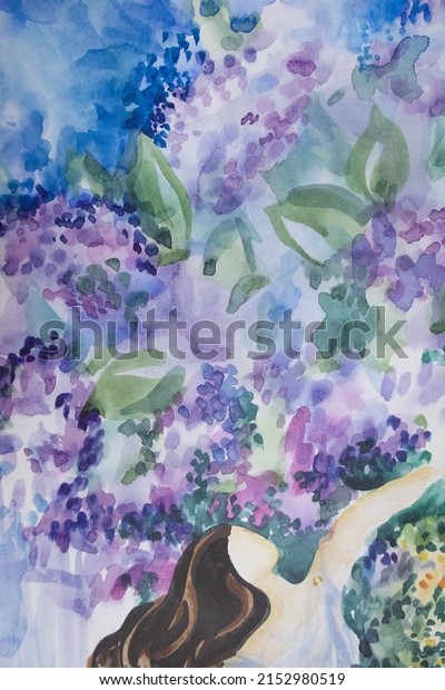 Beautiful sorceress with long hair\
on blooming lilac background. Allegory painting. Serenity and\
effortlessness concept. Watercolor airy brush strokes\
texture.
