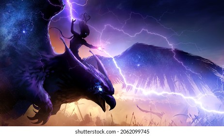 A beautiful sorceress riding on a huge owl griffin flies into the thick of battles launching purple lightning from the sky at enemies, their bodies sparkle with stars and magic. 2d illustration