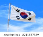 Beautiful South - Korea flag waving in the wind with sky background - 3D illustration - 3D render