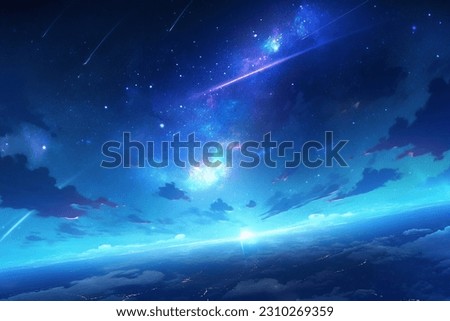 Beautiful Space background with landscape of alien planet with shooting stars and the earth in the background, city lights. Fantasy drawing sky blue galaxy illustration