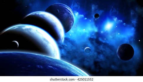 Eine schöne Raumszene mit einer Parade von Planeten und Nebel. Elemente dieses von der NASA bereitgestellten Bildes. 3D-Darstellung