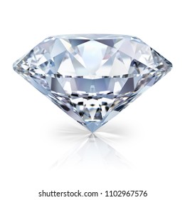 A beautiful sparkling diamond on a light reflective surface. 3d image. Isolated white background.