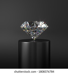 Beautiful Sparkling Diamond On A Stand On A Black Background. Shows Perfect Cut And Light Refraction. Minimalist Style. 3d Rendering.