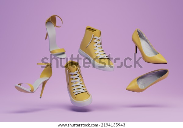 beautiful sports shoes and dress shoes for\
any outfit. yellow pumps and yellow sneakers scattered on a purple\
background. 3d render. 3d\
illustration