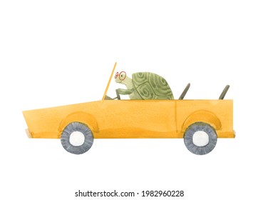 Beautiful Stock Baby Illustration With Cute Hand Drawn Watercolor Little Animal Driver In A Car.