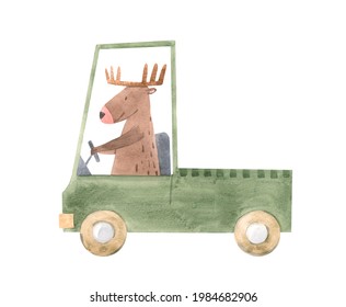 Beautiful Stock Baby Illustration With Cute Hand Drawn Watercolor Little Animal Driver In A Car.