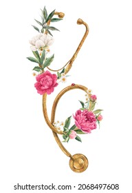 Beautiful Stock Clip Art Illustration With Hand Drawn Watercolor Doctor Retro Stethoscope And Flowers.