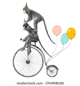 Beautiful Stock Illustration With Cute Hand Drawn Safari Animal Monkey On The Bike With Baloons. Birthday Party.