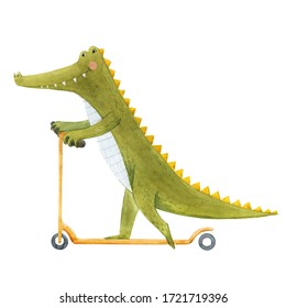 Beautiful stock illustration with cute watercolor crocodile on scooter. Baby alligator hand drawn painting.