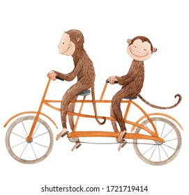 Beautiful Stock Illustration With Cute Watercolor Baby Monkey On Bike. Animal With Bicycle Hand Drawn Painting.