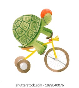 Beautiful Stock Illustration With Cute Watercolor Baby Turtle On Bike. Animal With Bicycle Hand Drawn Painting.