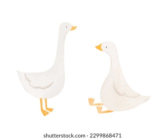 Beautiful stock illustration with hand drawn watercolor cute little goose birds. Clip art.