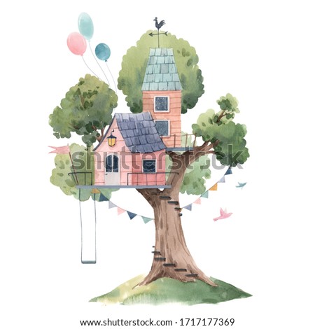 Beautiful stock illustration poster with cute watercolor children tree houses.