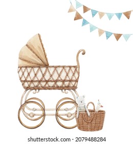 Beautiful Stock Illustration With Very Cute Hand Drawn Watercolor Boys Baby Carriage And Basket Of Toys.