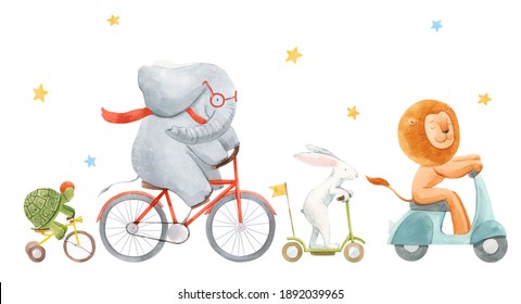 Beautiful stock illustration with watercolor hand drawn cute animals on transport. Lion rabbit turtle and elephant.