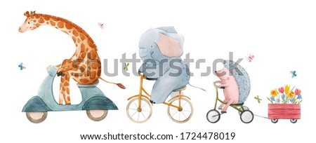 Beautiful stock illustration with watercolor hand drawn cute animals on transport.