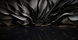 Mooie Stijlvolle Zwarte Achtergrond Met Zich Ontwikkelende, Vliegende Doek In Een Kamer Met Een Reflectie Op De Vloer