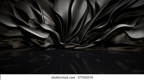 Beautiful stylish black background with developing, flying cloth in a room with a reflection on the floor