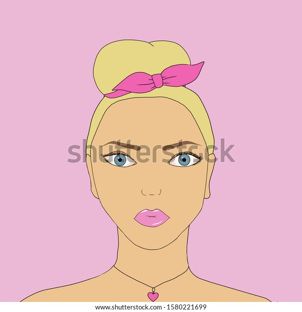 Beautiful stylish cartoon blond woman,\
fashion and beauty cosmetic concept. Young girl face with blue eyes\
and pink lips with a beautiful bow in her\
hair.