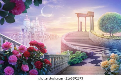 Beautiful Summer Landscape Of  Wonderland With Roses And An Old Castle