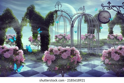 Beautiful Summer Landscape Of  Wonderland.Fantastic Mystical Garden With Roses And Butterflies