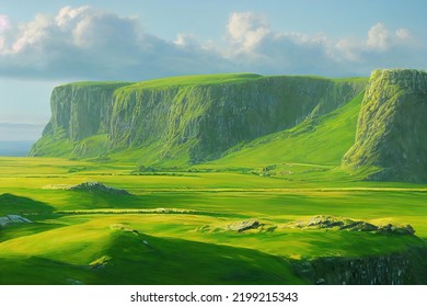 beautiful sunny beach coast  white cliffs  green valley   meadows  ireland landscape background  3d render  3d illustration