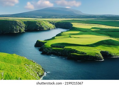 Beautiful Sunny Beach Coast, White Cliffs, Green Valley And Meadows, Ireland Landscape Background, 3d Render, 3d Illustration