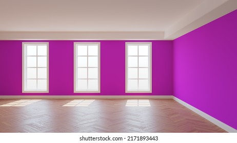 Beautiful Sunny Room Interior with Pink Walls, White Ceiling and Cornice, Glossy Herringbone Parquet Floor, Three Large Windows and a White Plinth. 3D rendering. Ultra HD 8K 7680x4320, 300 dpi
